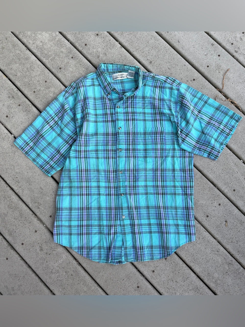 90’s Turquoise Plaid Short-Sleeve Button-Up Shirt | Vintage Grunge Shirt
